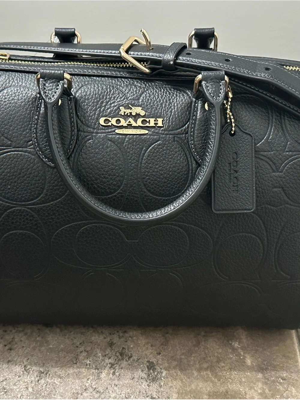 NWT Large Coach Black Embossed Pebbled Leather Satchel with Gold Hardware - Picture 1 of 9